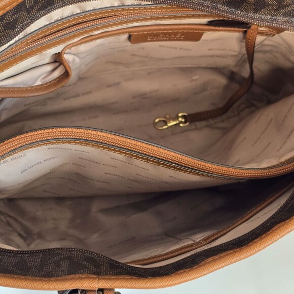 Michael Kors Jet Set Monogram Coated Canvas Tote LG Brown/Tan Front Snap Pocket - Picture 7 of 16